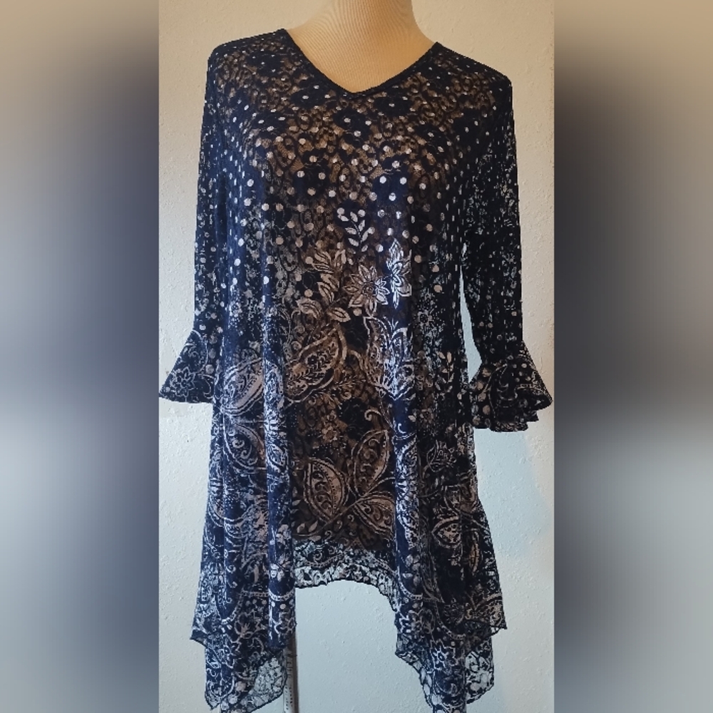 Dor Dor Couture blue white see thru top